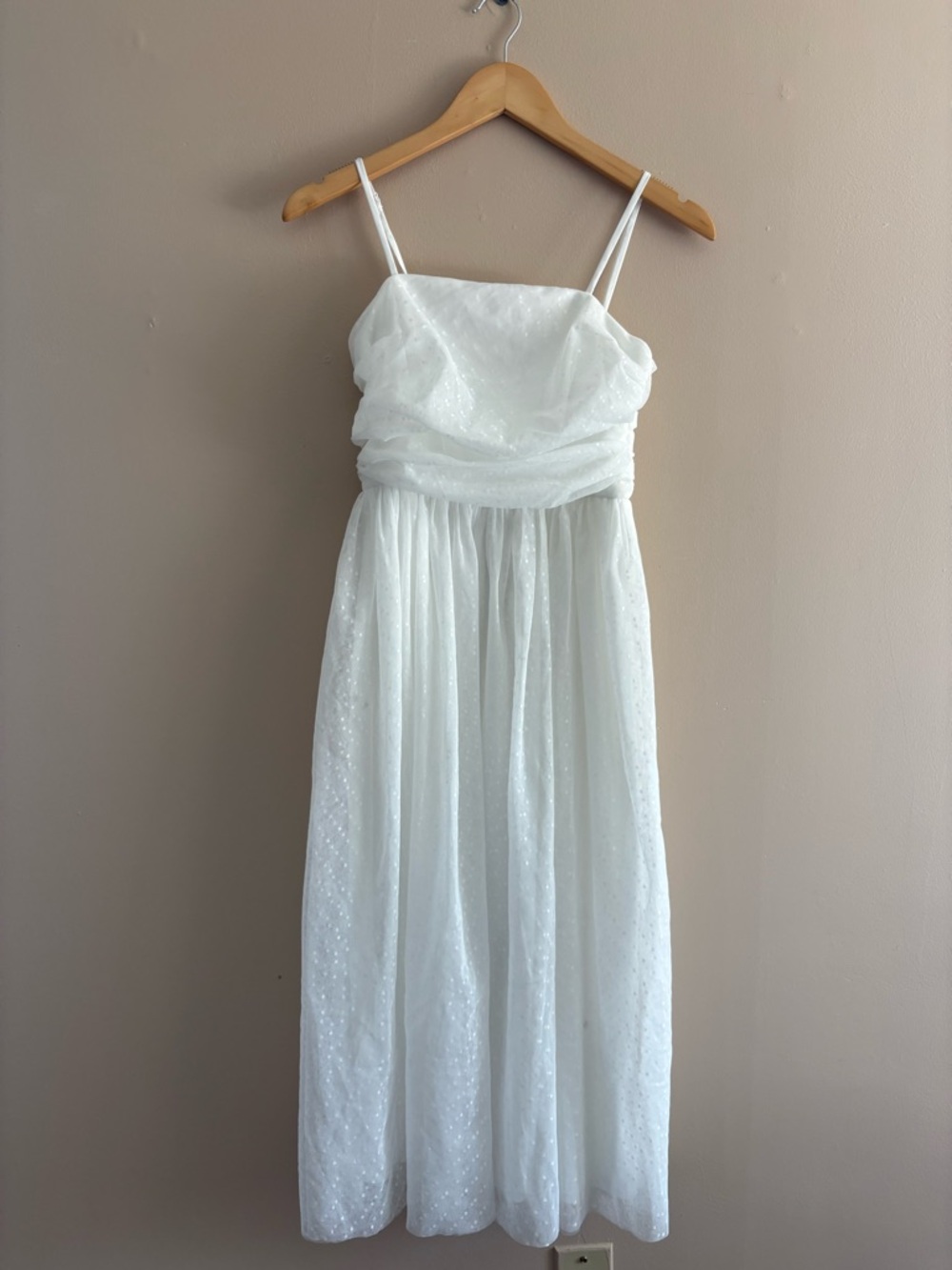 Lulus Darling Sweetheart White Swiss Dot Ruched Midi Dress Size XS bridal Shower
